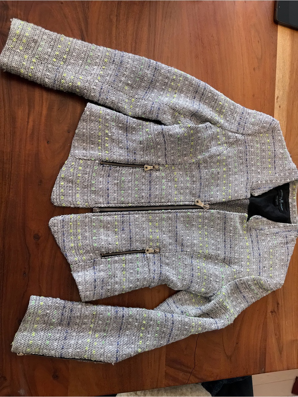 Guess Silver  Zip Tweed Jacket with Neon Yellow and Lavender Accents women’s sm